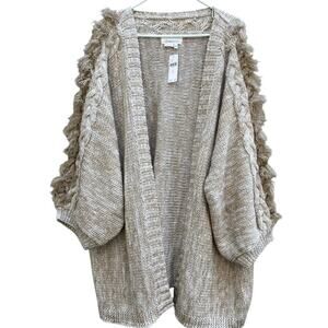 NEW Anthropologie Beige Cable Knit Braided Sleeve Cardigan Arm Fringe One Size
